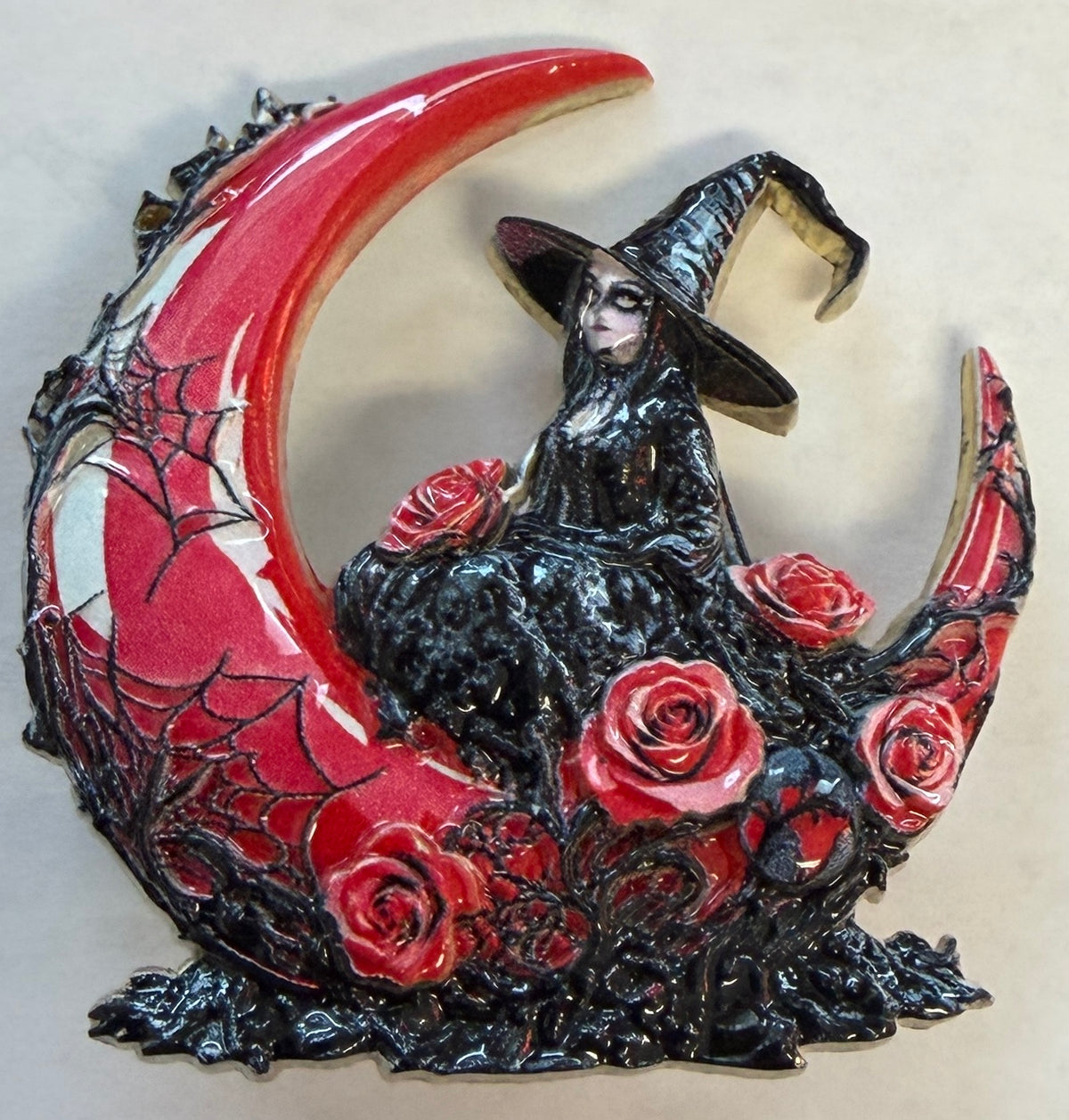 MFB2 Gothic Witch on Red Crescent Moon Metal Focal Bead