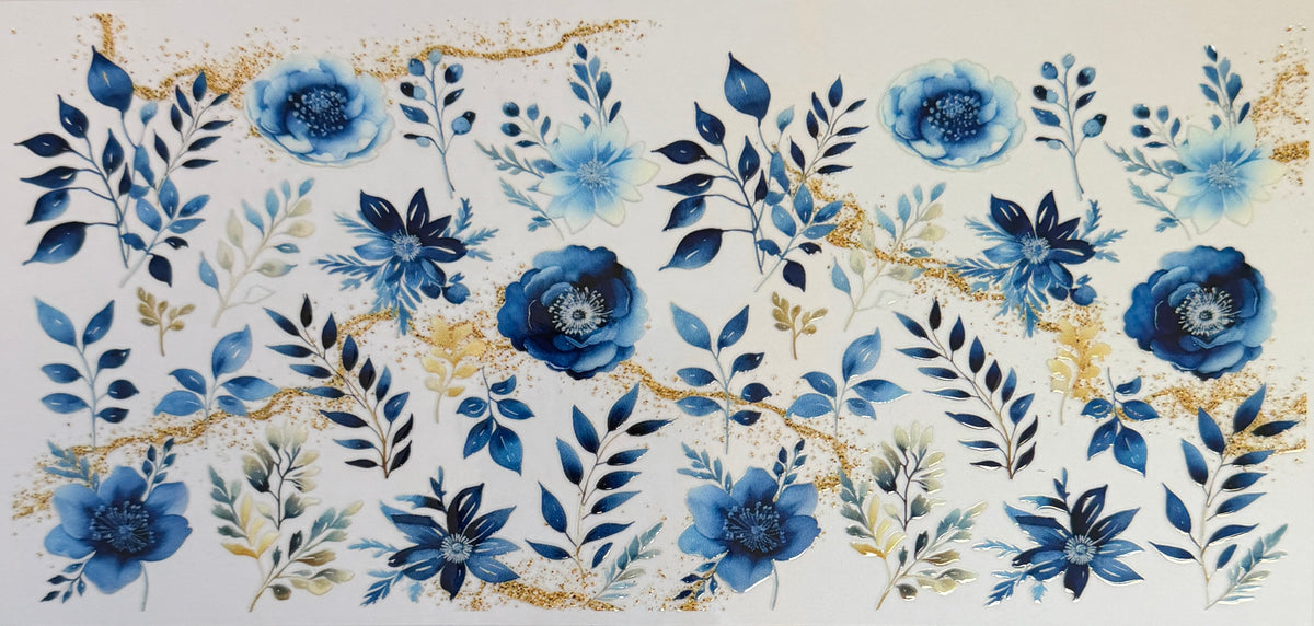 16W333 Blue Watercolor Flowers & Gold Botanicals