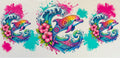 16W347 Colorful Dolphins, Tropical Flowers & Waves