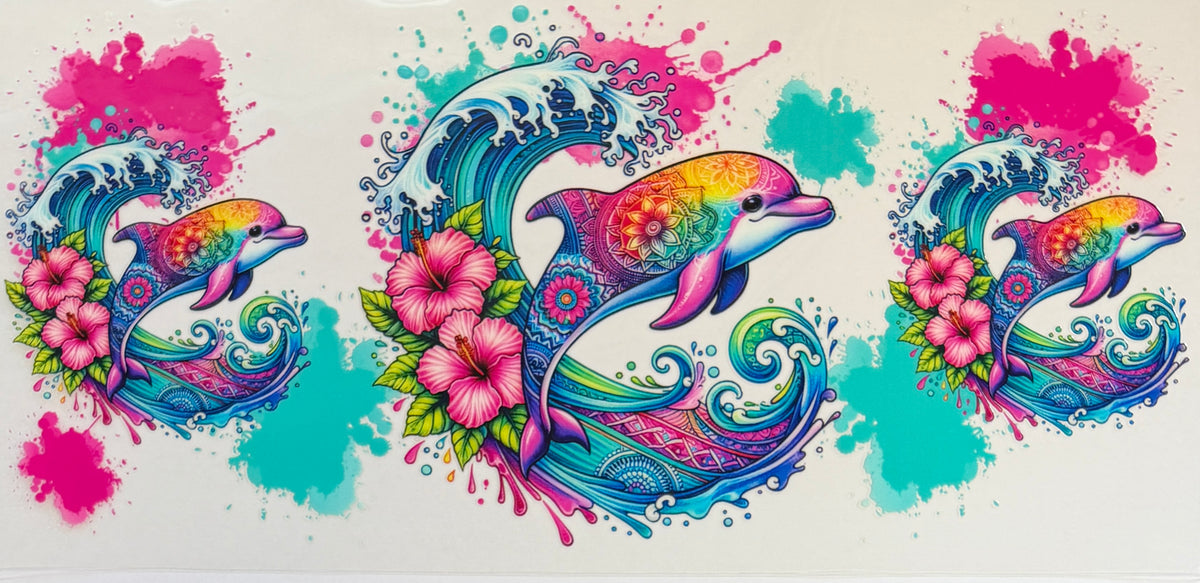 16W347 Colorful Dolphins, Tropical Flowers & Waves