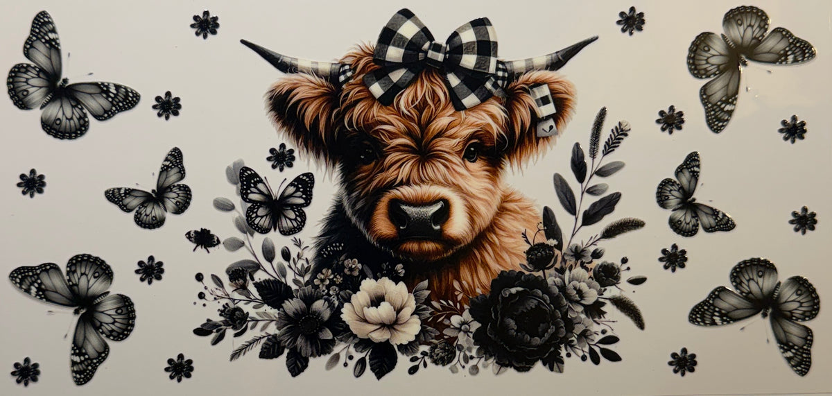 16W357 Highland Cow with Black & White Butterflies